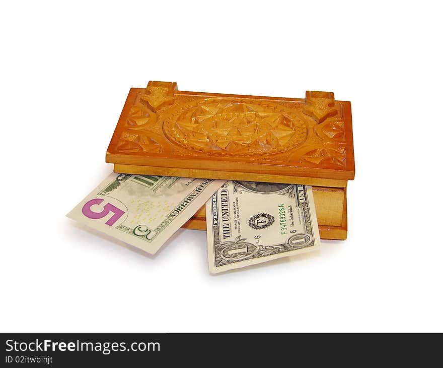 Casket with money isolated on white background