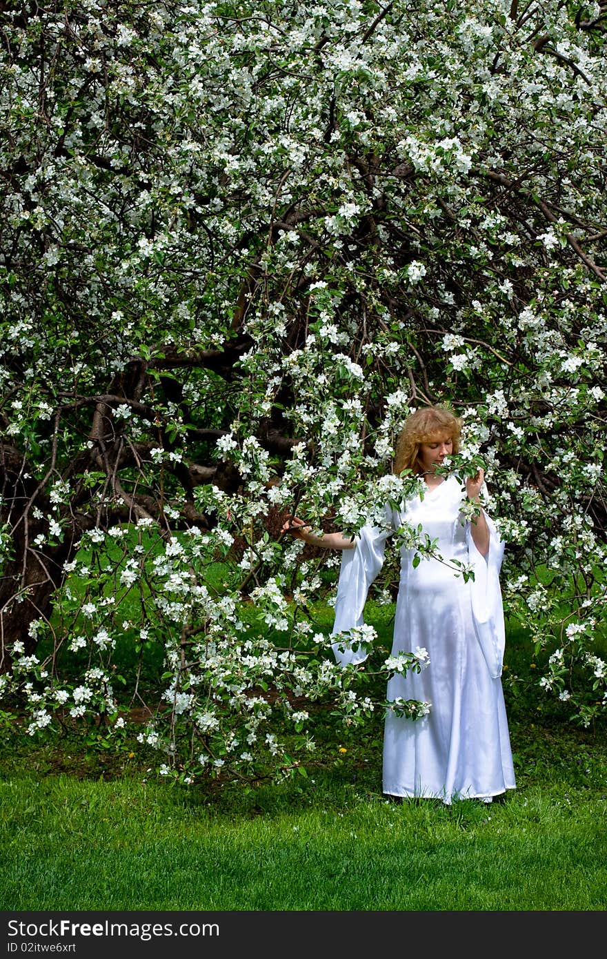 The blonde girl in white dress and white flowers. The blonde girl in white dress and white flowers