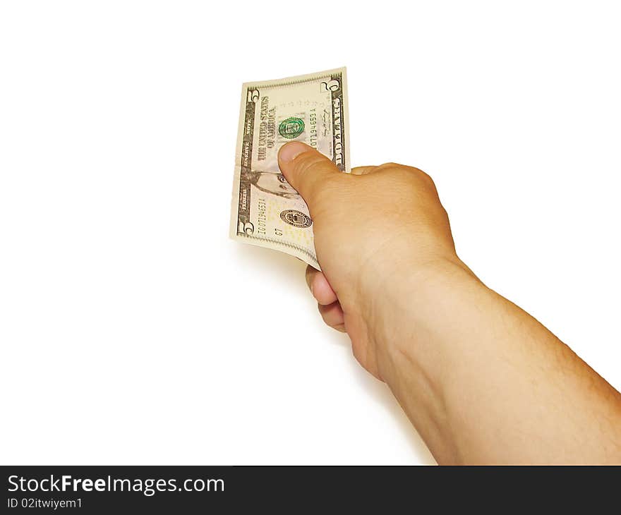 The hand that sends banknote. On white. The hand that sends banknote. On white