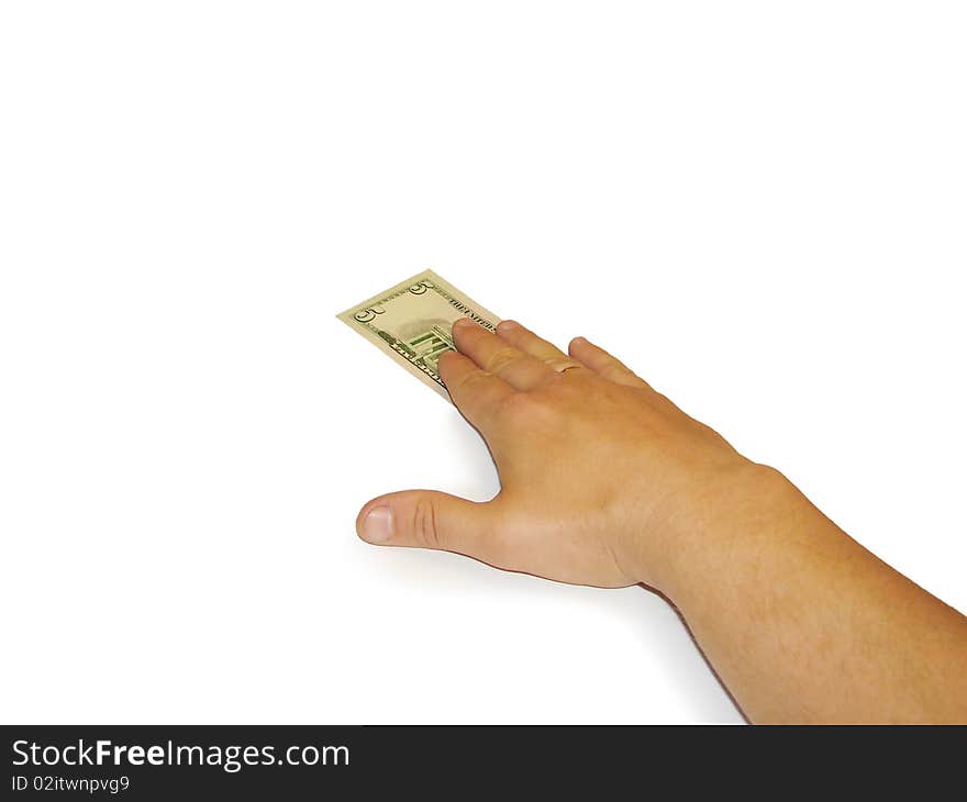 The hand that sends banknote. On white. The hand that sends banknote. On white