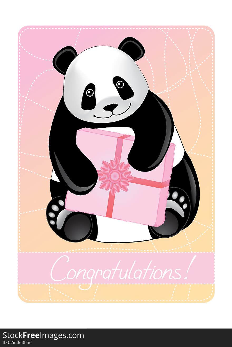 Postcard with a smiling panda holding a gift. Vector illustration. Postcard with a smiling panda holding a gift. Vector illustration.