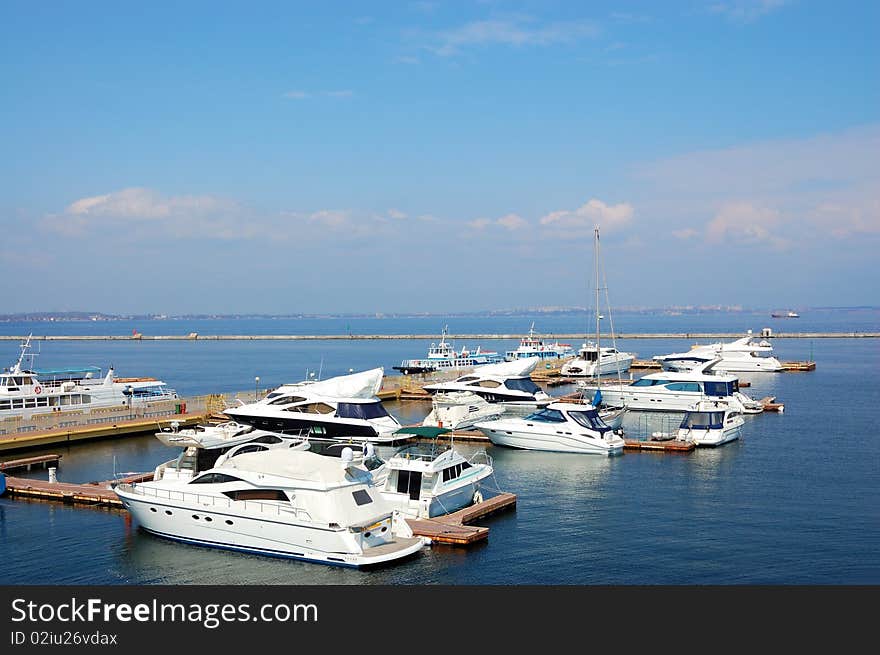 Boat yachts on the quay in the port of Odessa. (Ukraine). Boat yachts on the quay in the port of Odessa. (Ukraine)