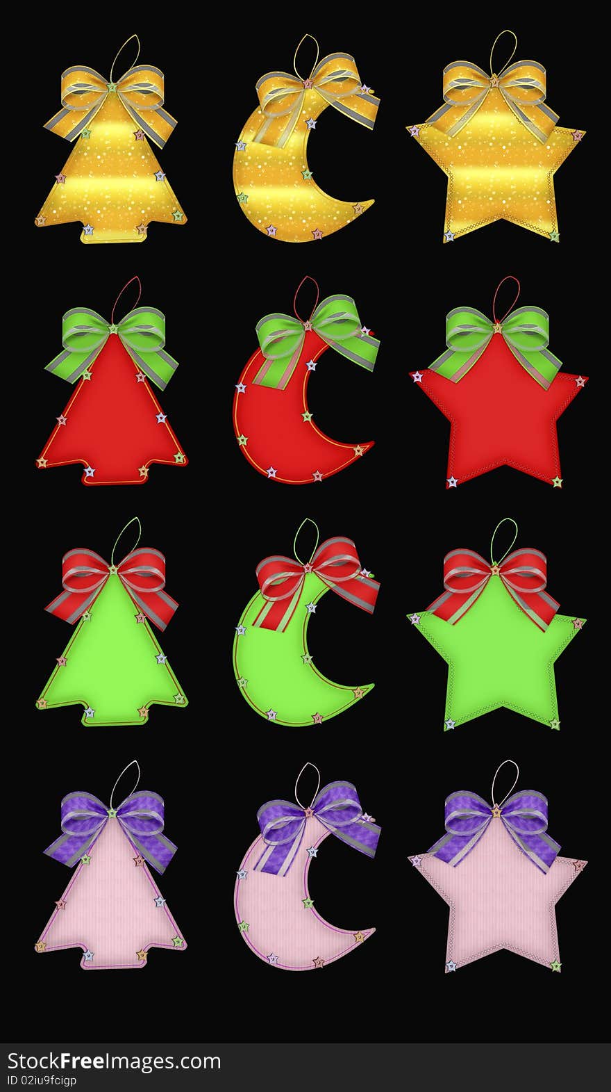 Christmas decorations in various styles and colours oncluding a srat, christmas tree, and moon all with bow and string in vector format. Christmas decorations in various styles and colours oncluding a srat, christmas tree, and moon all with bow and string in vector format