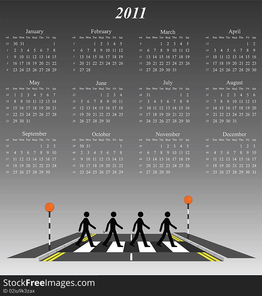 2011 calendar with four men on a zebra crossing