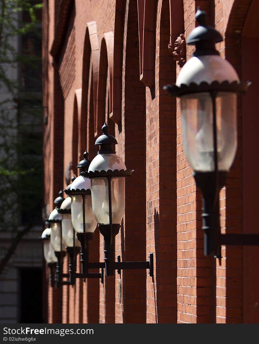 Historic lights light the path alongside the old city market in Lancaster, PA. Historic lights light the path alongside the old city market in Lancaster, PA.