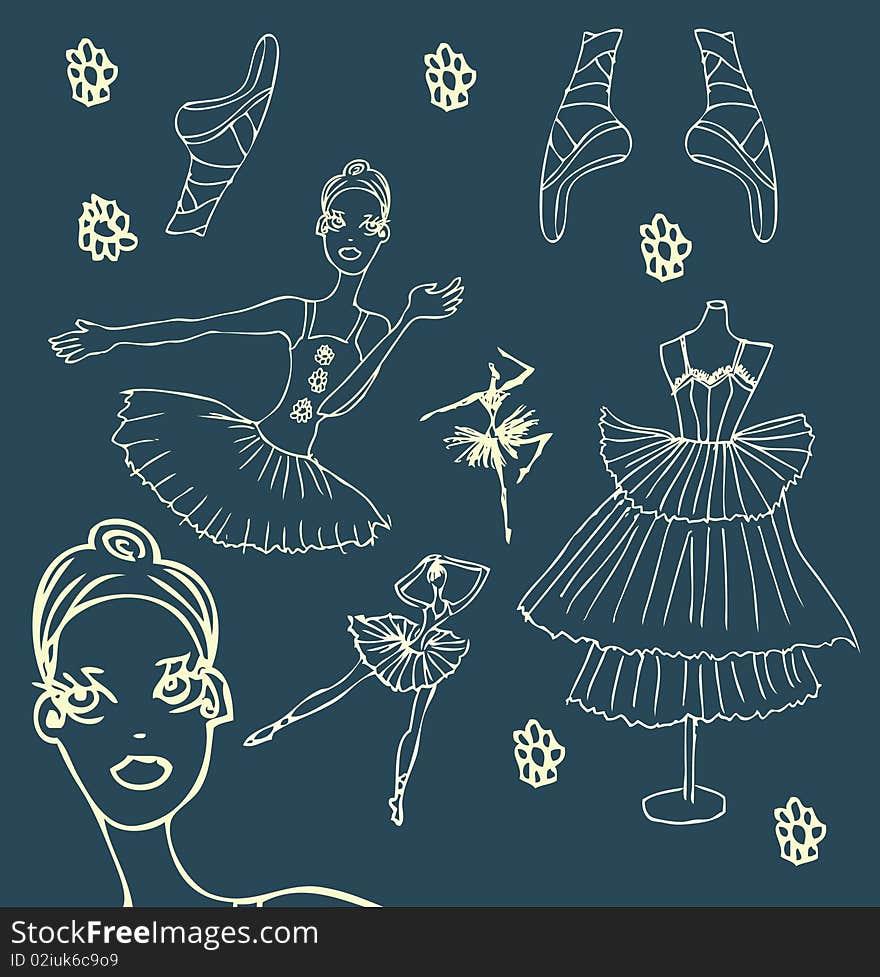 Ballet doodley icons set woman girl dance