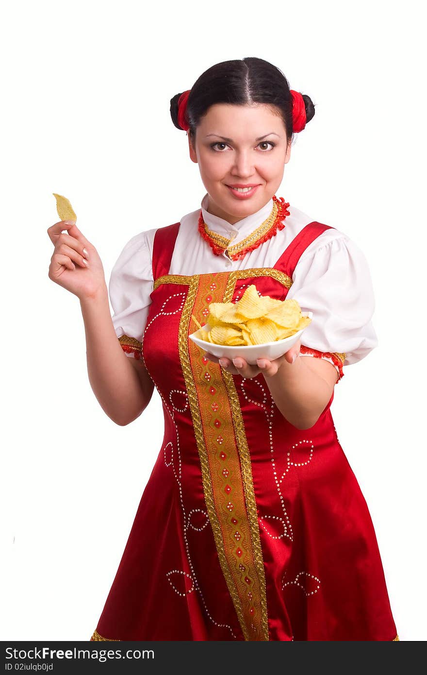 German/Bavarian girl with a traditional Oktoberfest Ma?krug. Smiling woman in red drindl is holding a potato chips. Young woman dressed in a Bavarian dirndl. German/Bavarian girl with a traditional Oktoberfest Ma?krug. Smiling woman in red drindl is holding a potato chips. Young woman dressed in a Bavarian dirndl.