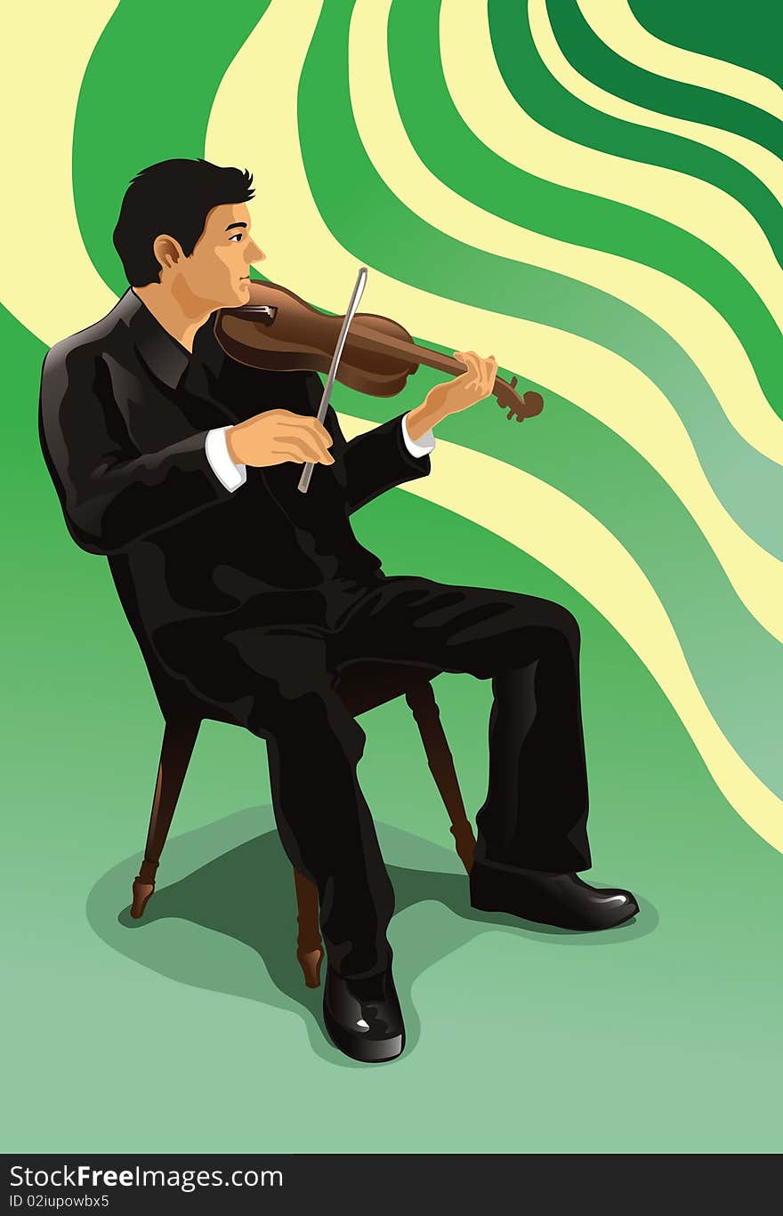 An image of a man wearing a black suit and sitting on a chair playing a violin. An image of a man wearing a black suit and sitting on a chair playing a violin