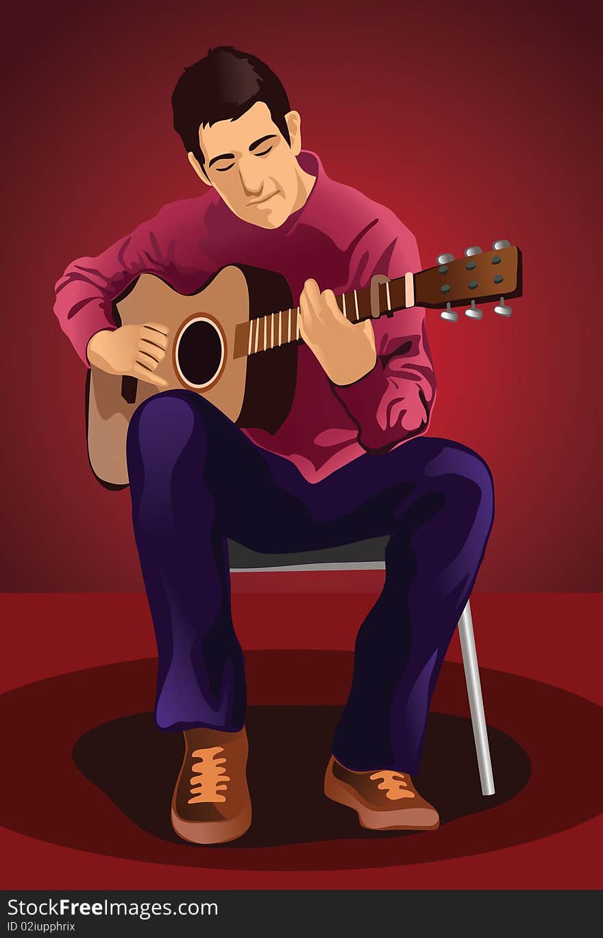 An image of a young man sitting on a chair and playing an acoustic guitar. An image of a young man sitting on a chair and playing an acoustic guitar