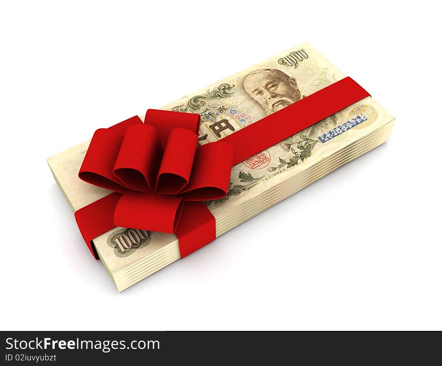 Gift of money. Stack of yen bills with red ribbon isolated on white background. High quality 3d render.