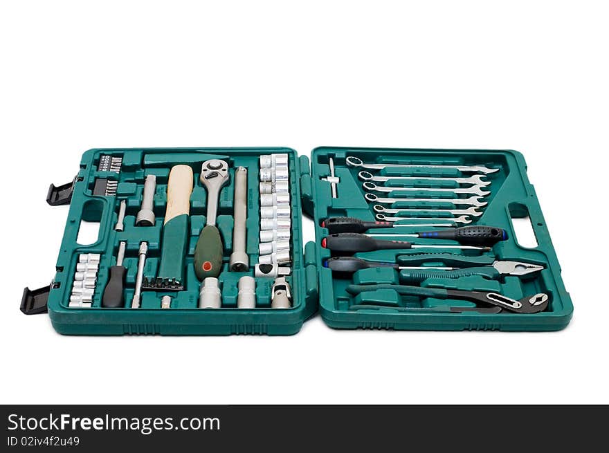 Toolkit of various tools in the box isolated over white