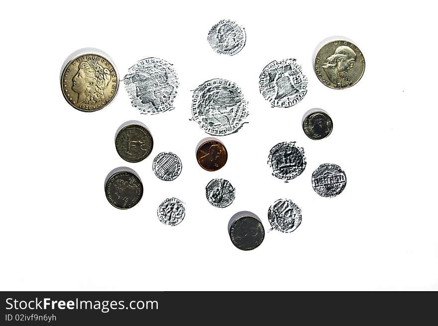 The American coins present and drawn by a pencil