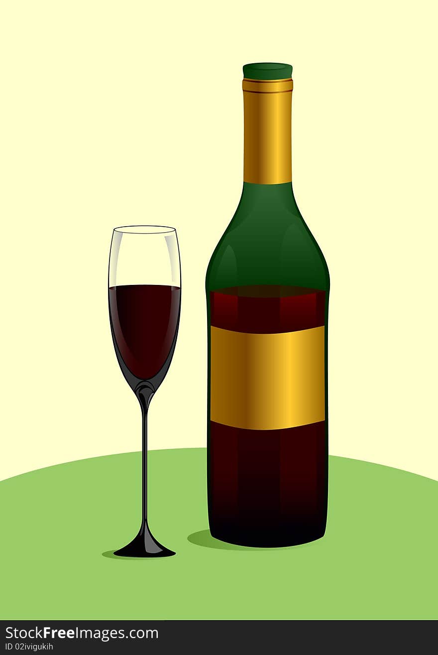 Bottle and glass with red wine on a green table. Bottle and glass with red wine on a green table.