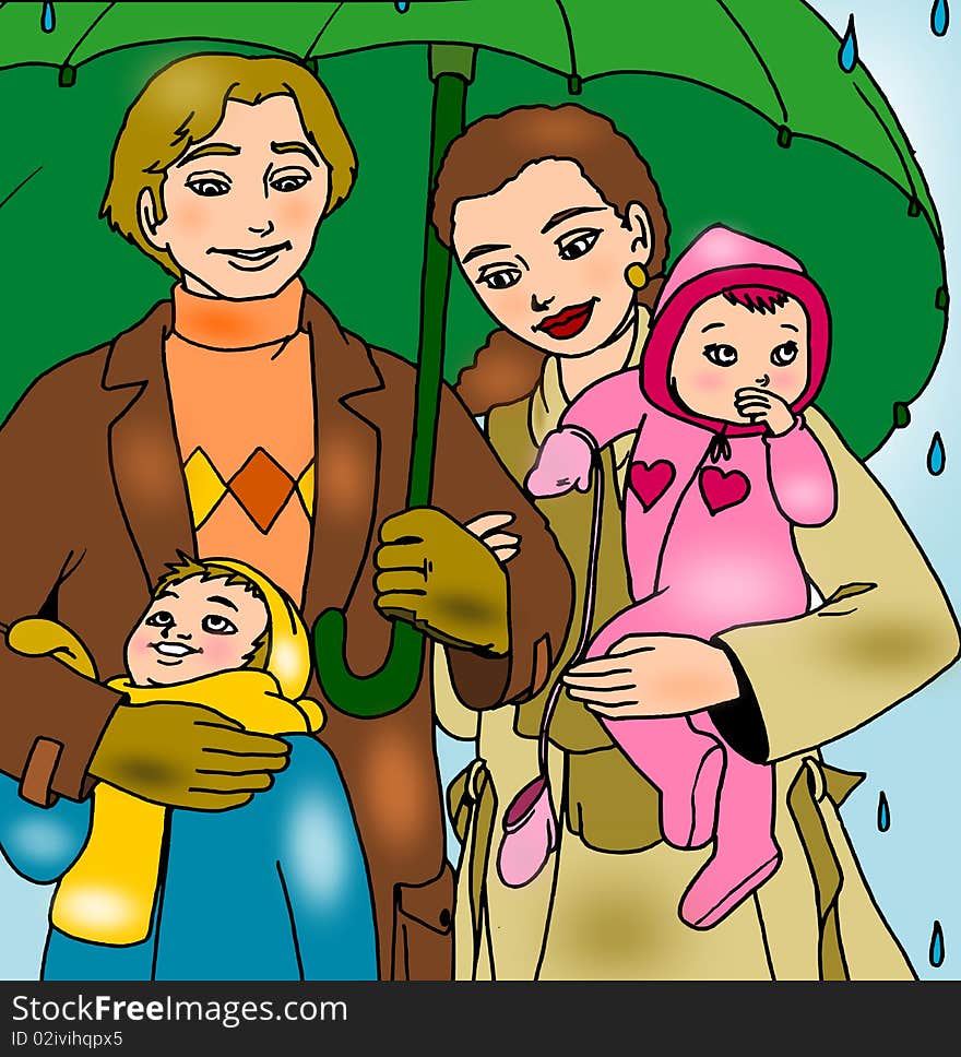 Illustration is a family united and happy, that sheltering under an umbrella with rain. Illustration is a family united and happy, that sheltering under an umbrella with rain.