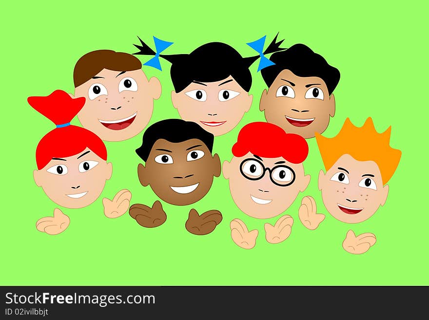 Group of applauding children on a green background.Children are glad and laugh. Group of applauding children on a green background.Children are glad and laugh.