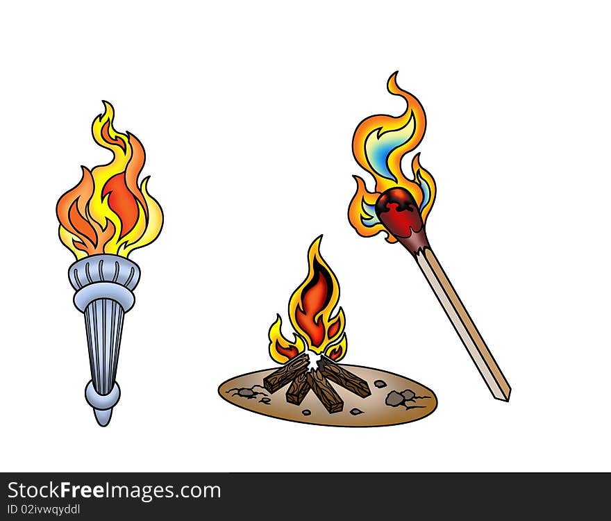 Defferent types of fire, torch, camp-fire, and match-stick. Defferent types of fire, torch, camp-fire, and match-stick