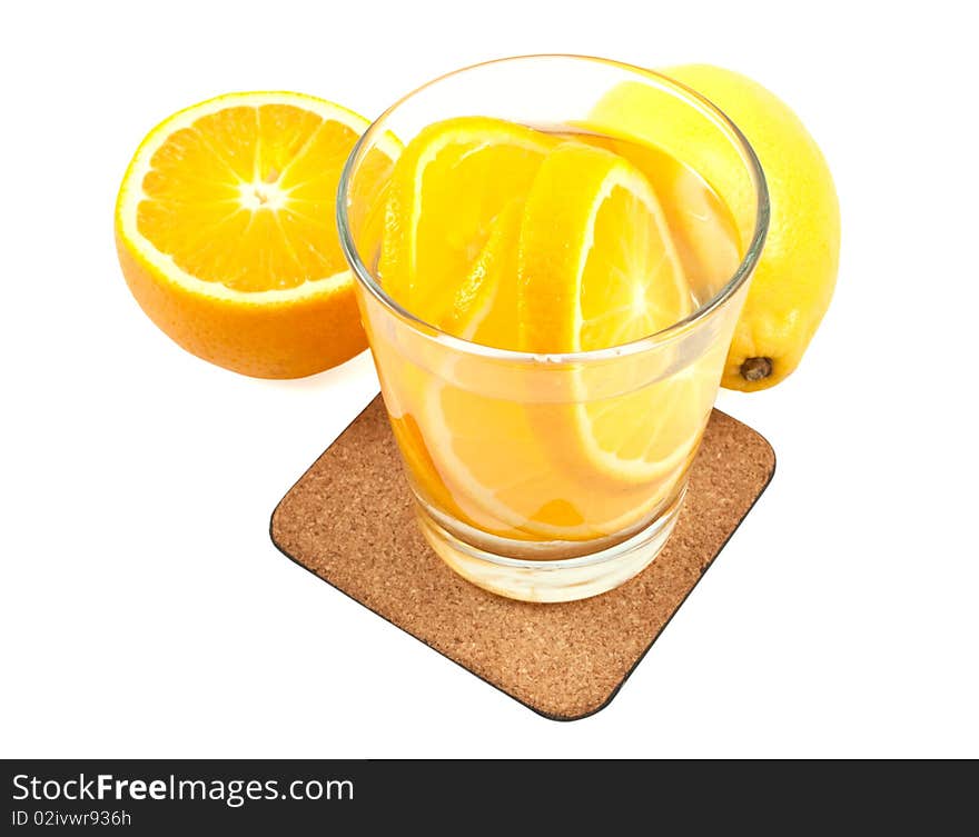 Orange and lemon drink isolated on white. Orange and lemon drink isolated on white