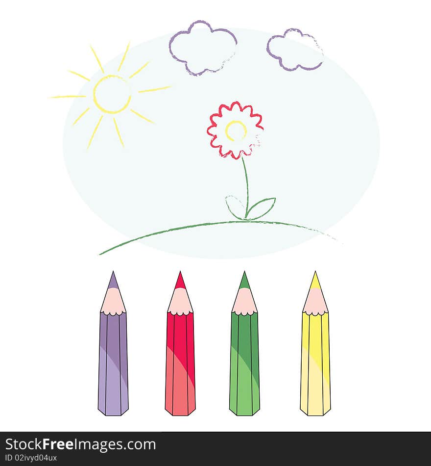 Illustration of funny picture and crayons. Illustration of funny picture and crayons