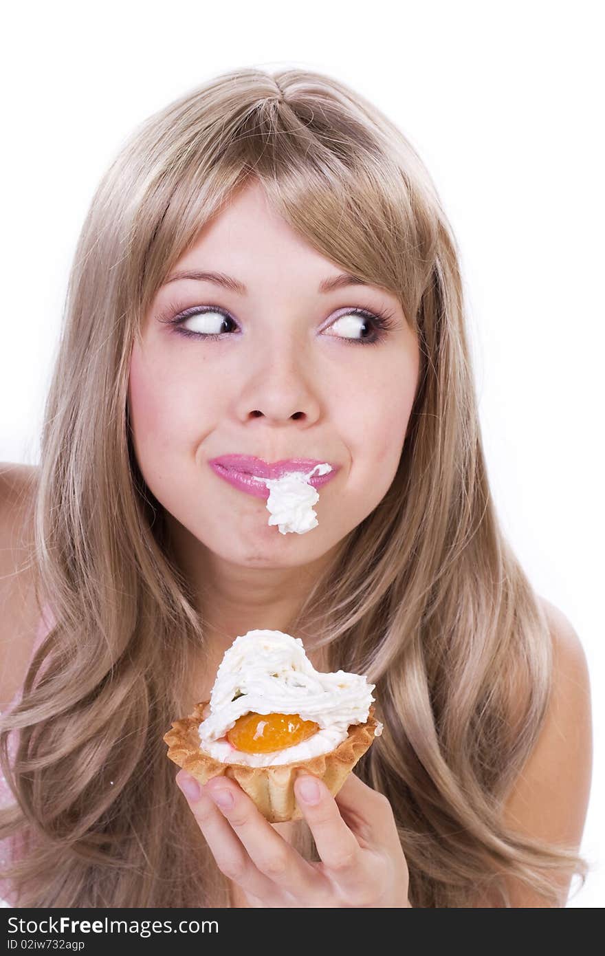 Portrait of pretty girl with piece of cake. Isolated. Portrait of pretty girl with piece of cake. Isolated.