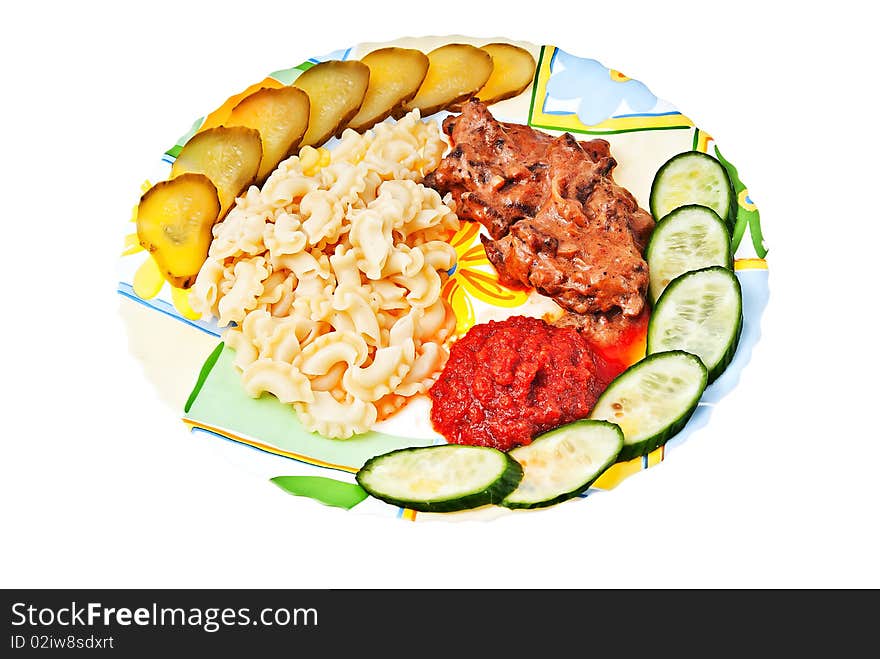 Colour plate with meat and a garnish on a white background