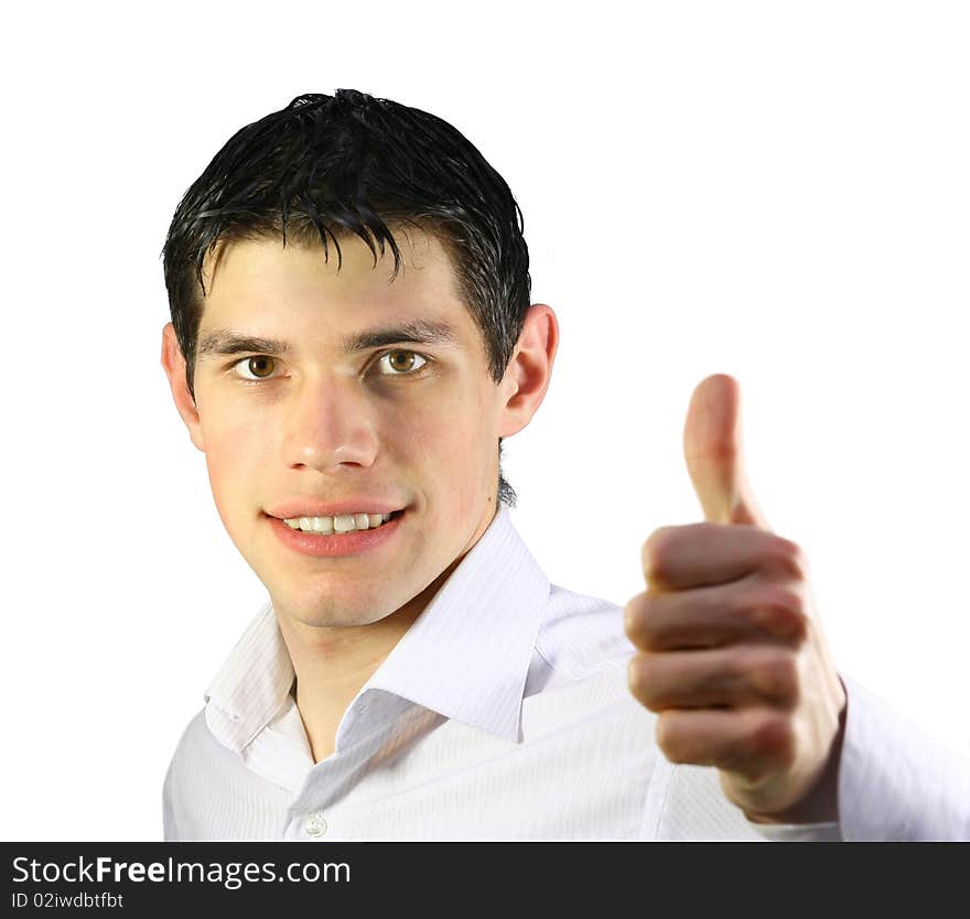 Young man shows OK, white background, isolated