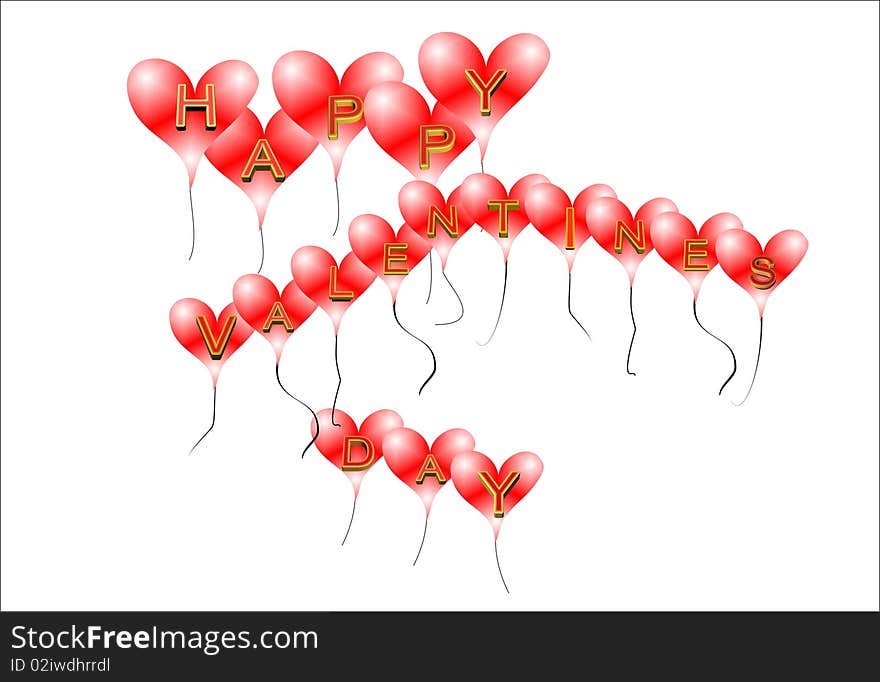 Happy valentines day in text on red heart balloons in 3d on white. Happy valentines day in text on red heart balloons in 3d on white