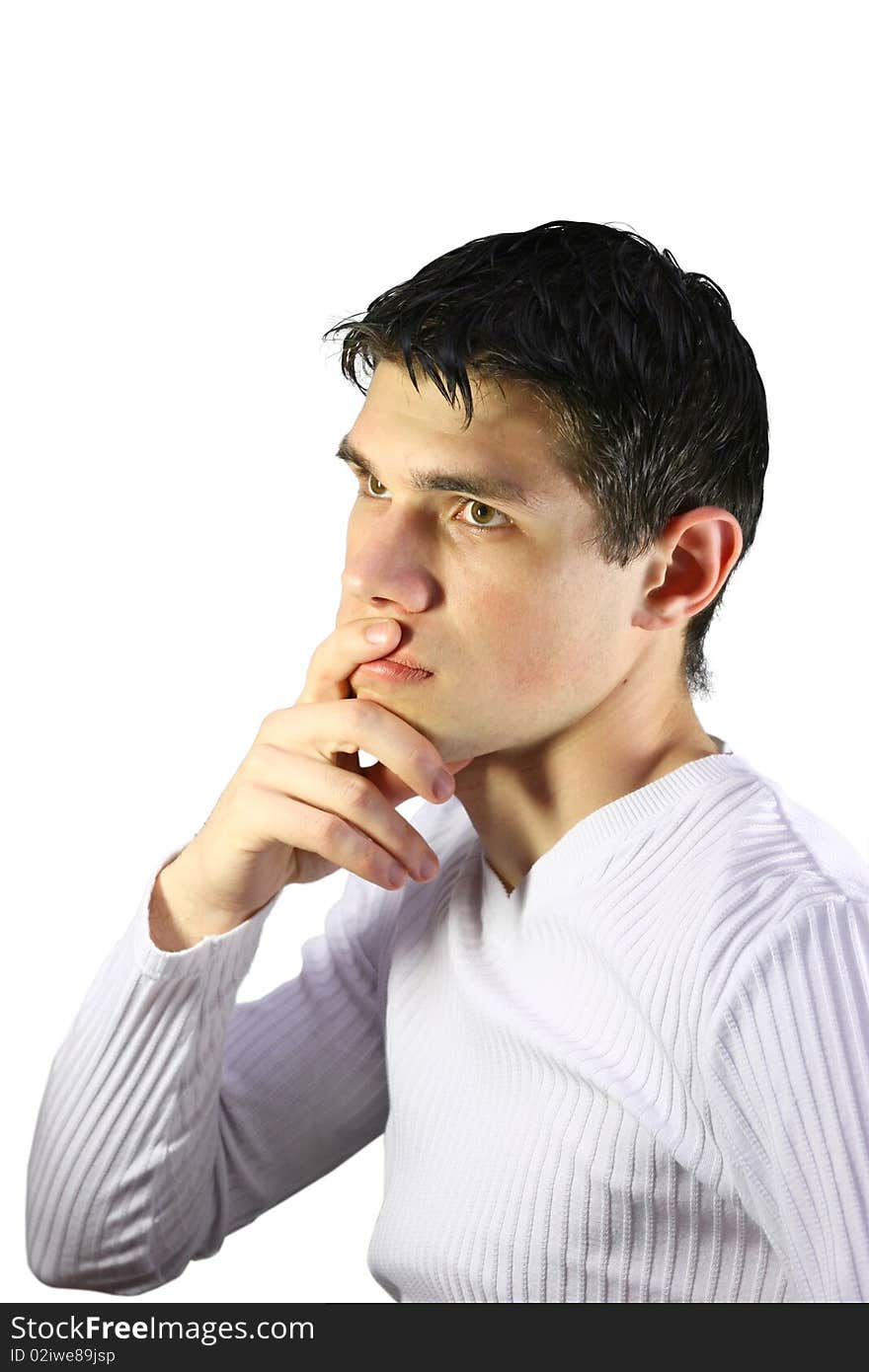 Young man thinking, white background, isolated