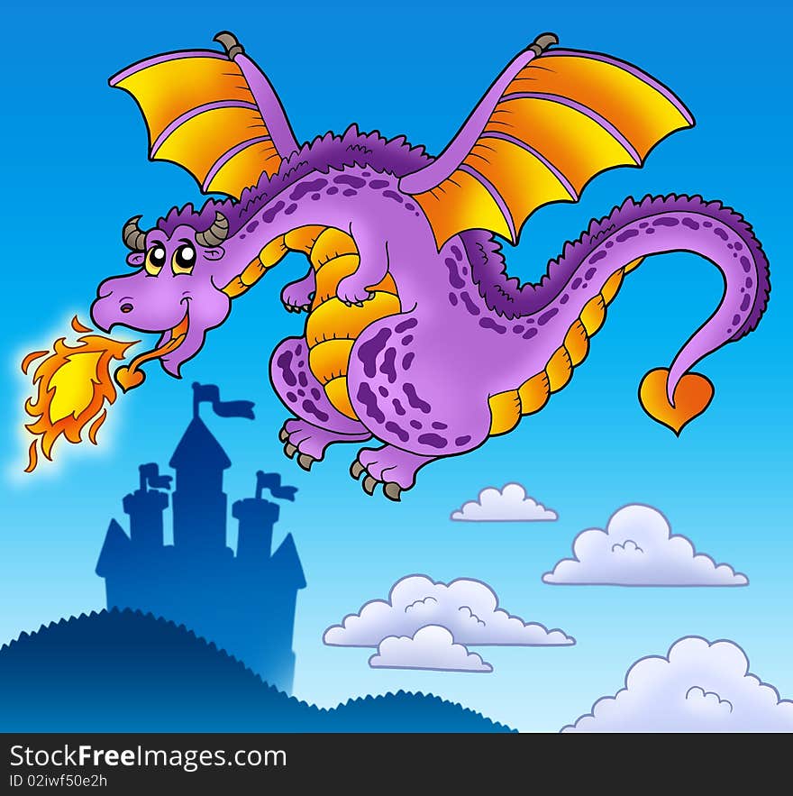 Huge flying dragon near castle