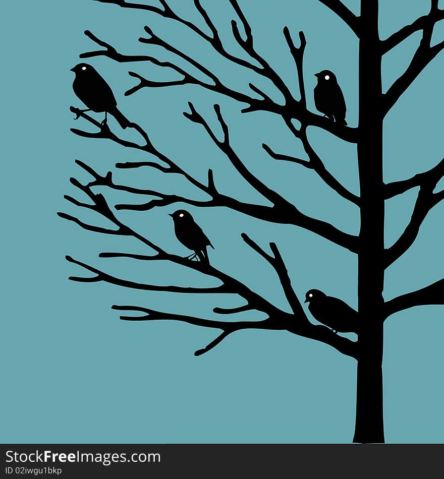 Black bird silhouettes on barren tree with a clear blue sky. Black bird silhouettes on barren tree with a clear blue sky