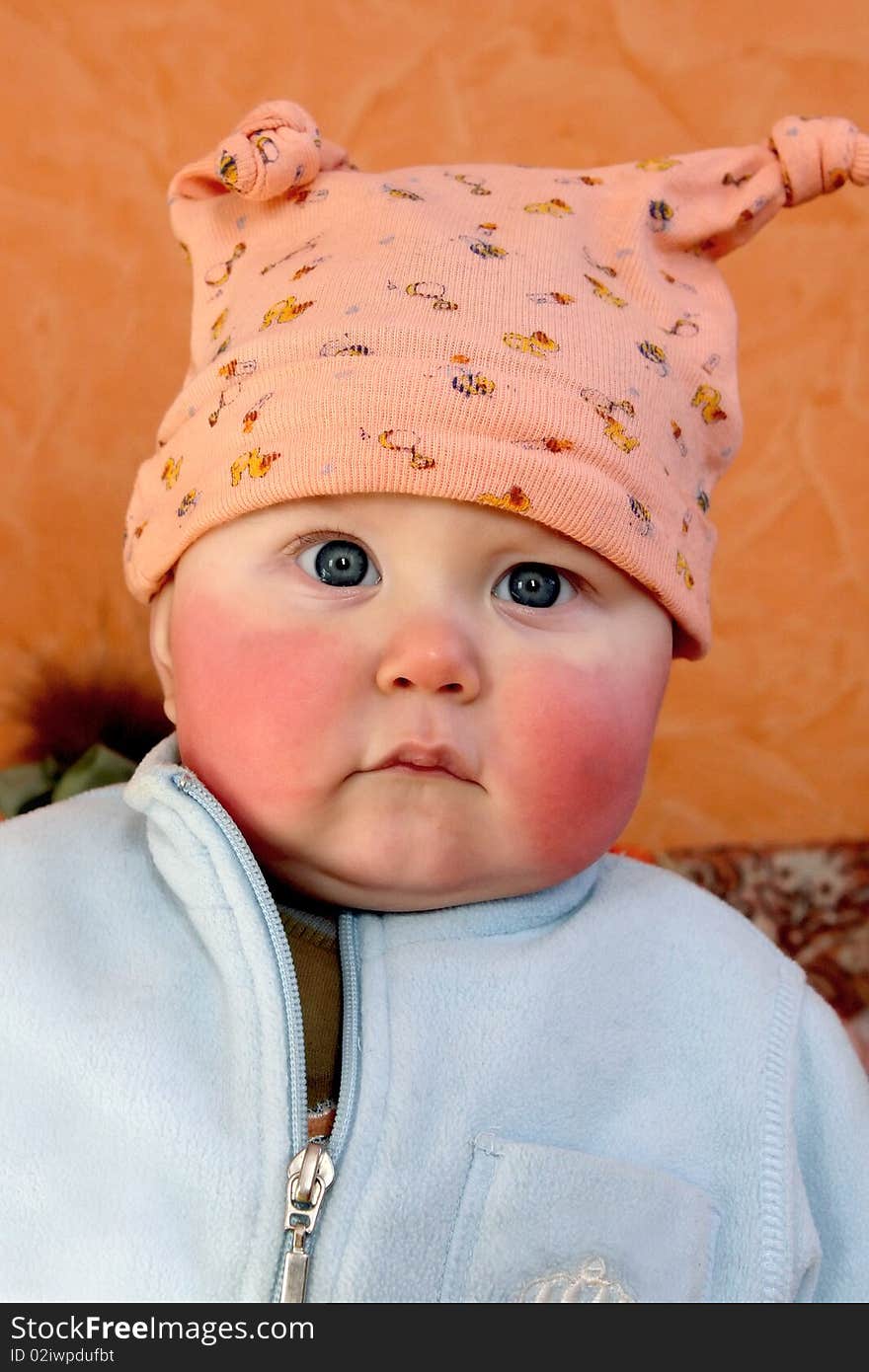 A portrait of little boy is in a pink little cap