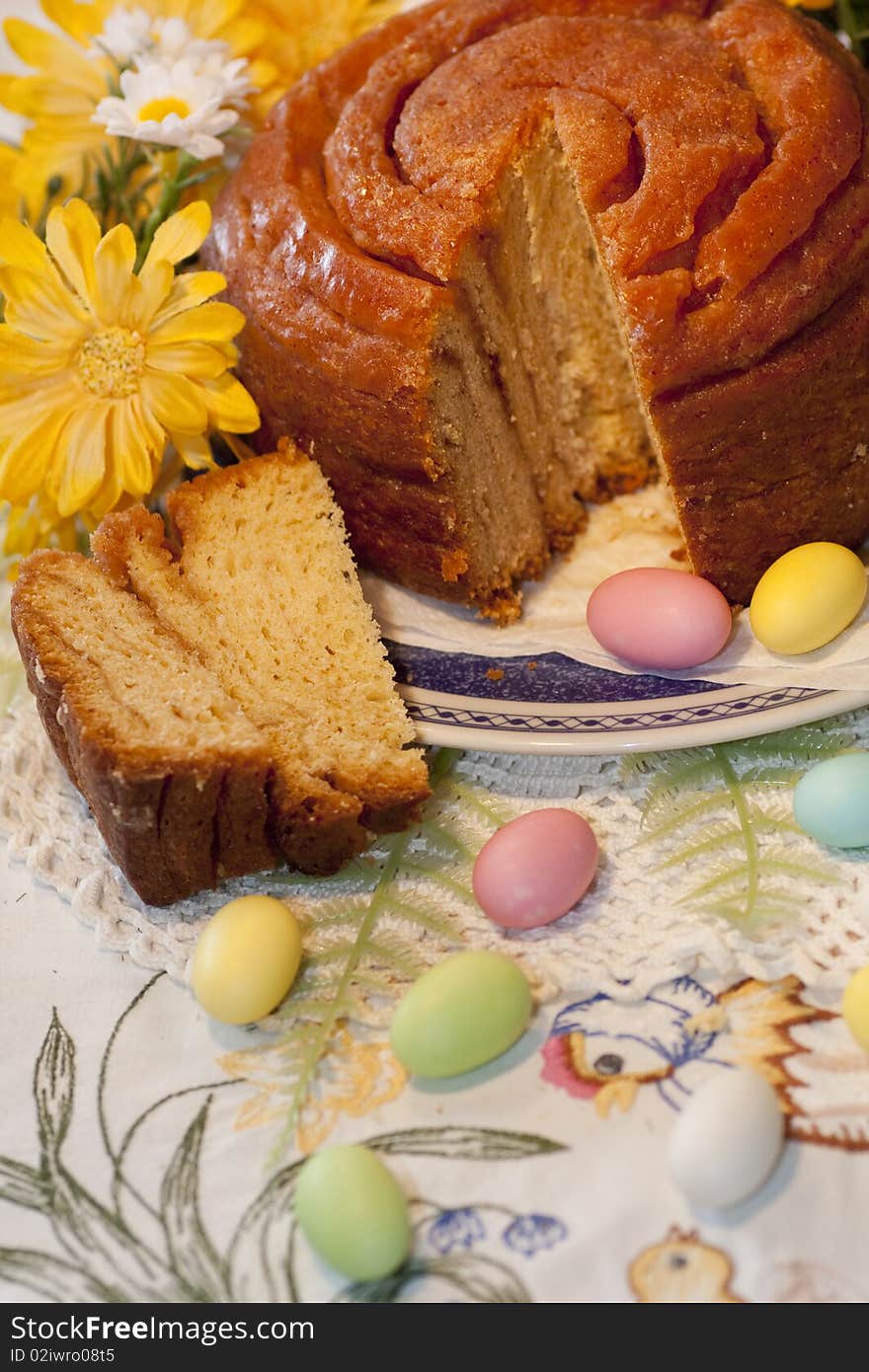 View of a traditional folar cake on the a portuguese table.