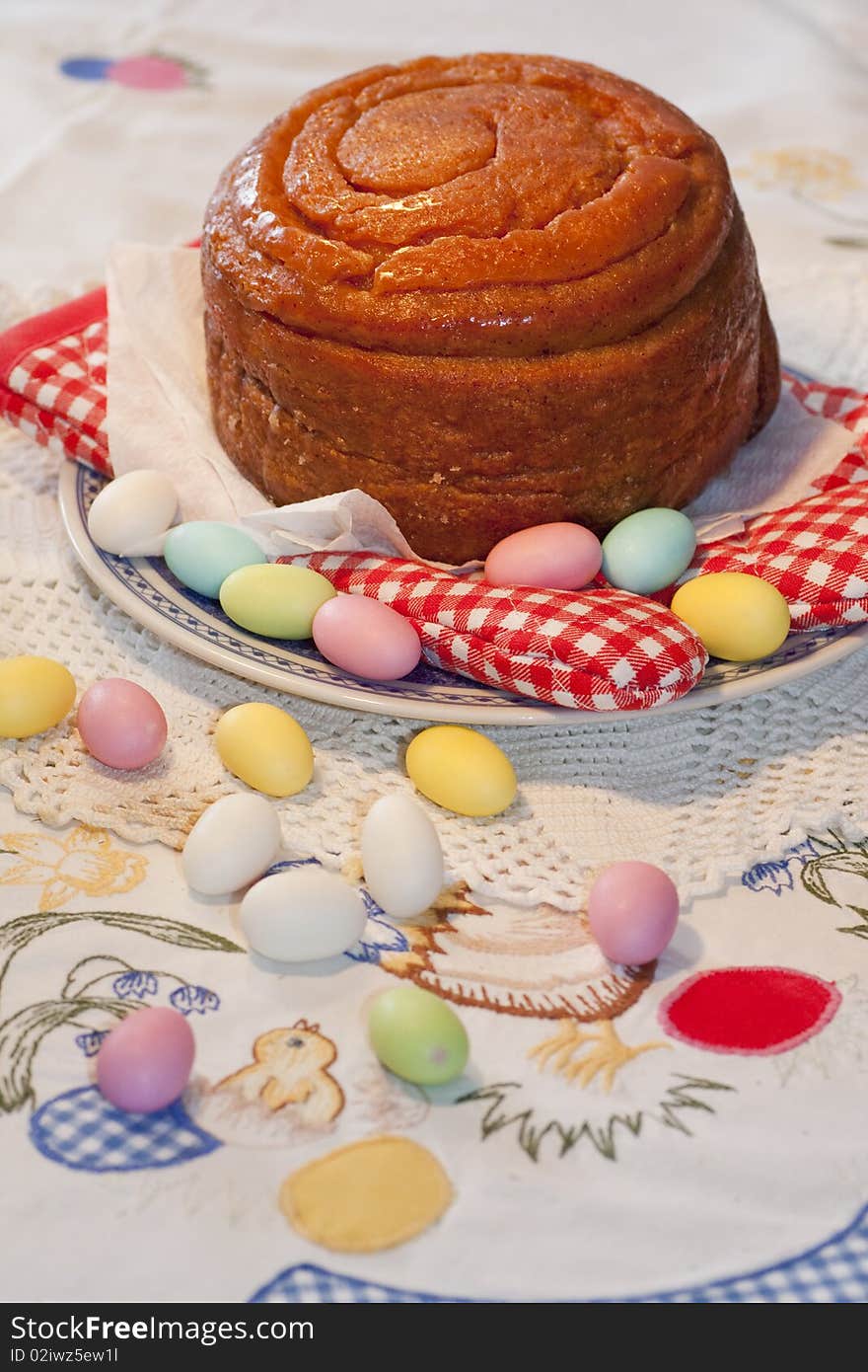 View of a traditional folar cake on the a portuguese table.