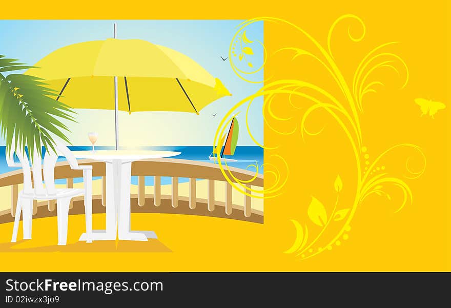 Cafe at a sea. Kind from a balcony. Background for card. Illustration. Cafe at a sea. Kind from a balcony. Background for card. Illustration
