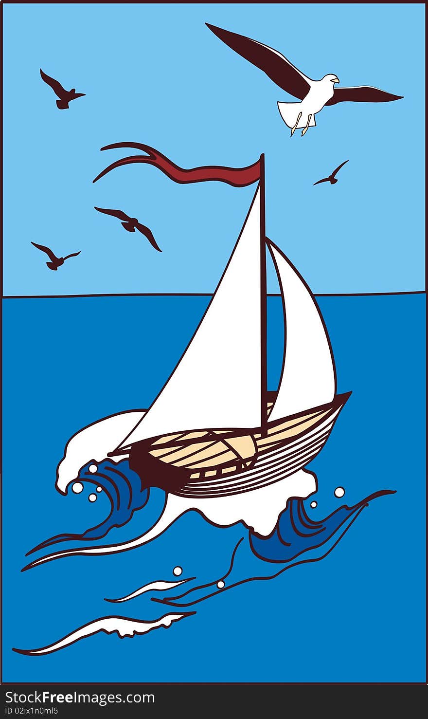 A yacht swims at-sea under open-skies far. Birds in the sky over the sea. A yacht swims at-sea under open-skies far. Birds in the sky over the sea