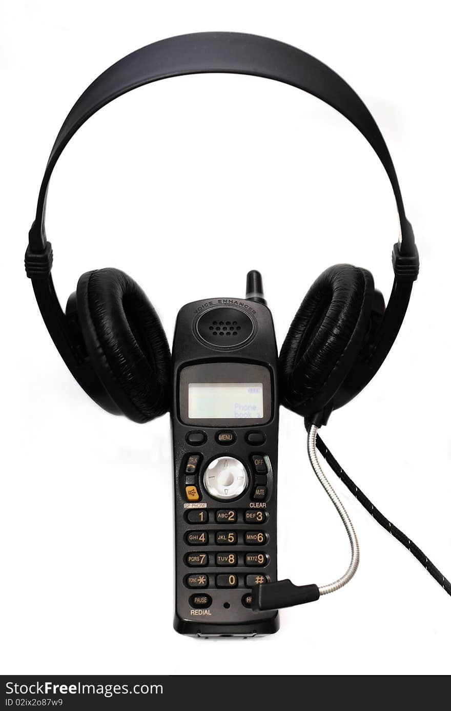 Black cordless phone with headphone