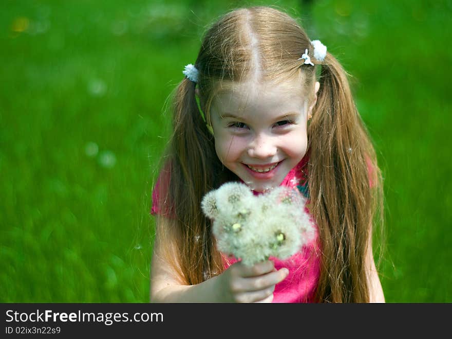 Little girl with dandelions