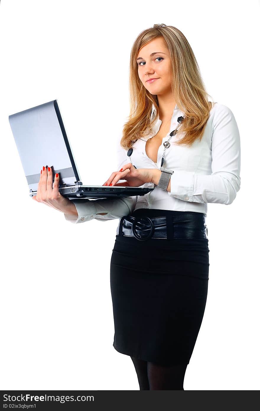 Business woman with laptop isolated on a white background