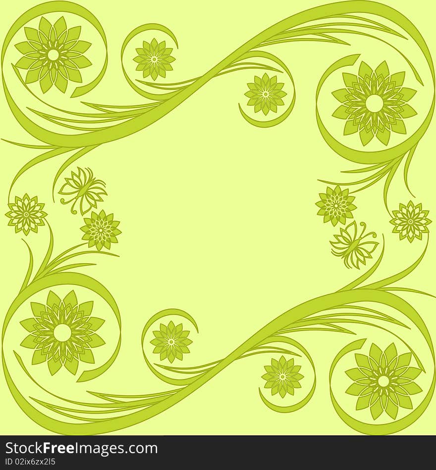 Vector illustration of a floral frame with butterflies on a green background