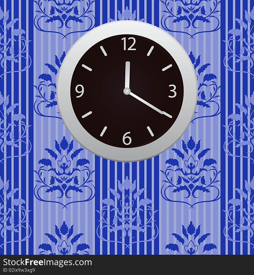 Clocks hanging on a wall with wallpaper. Vector illustration