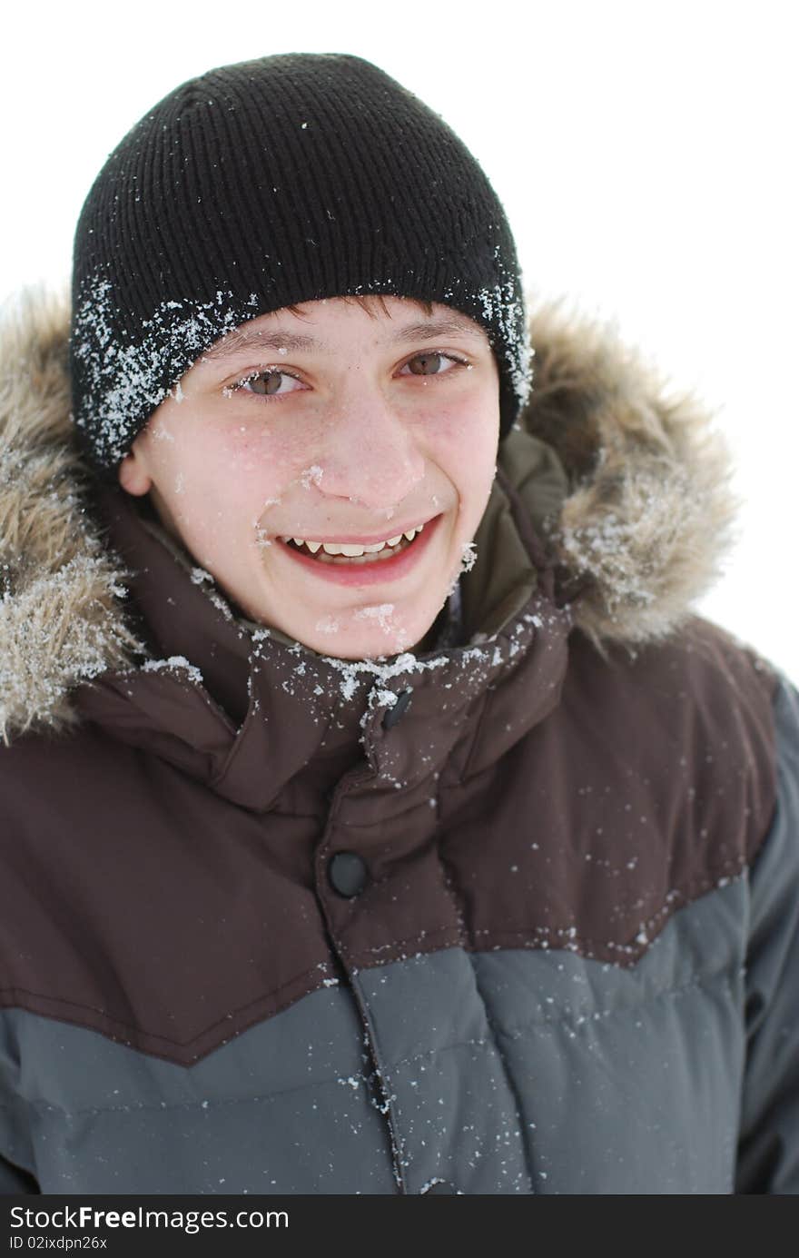 Frozen teenager on white background