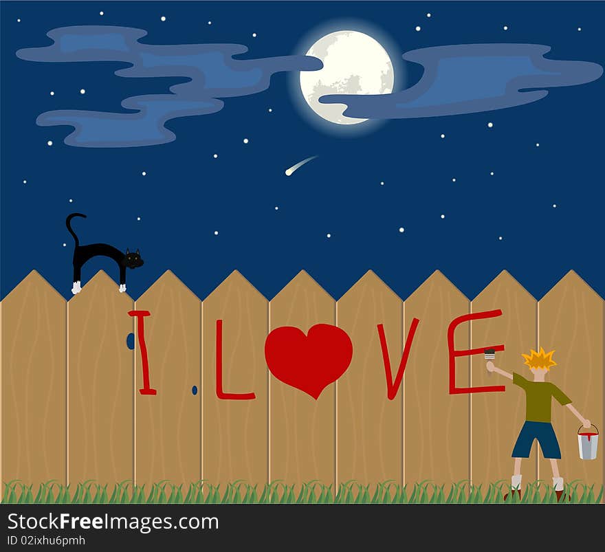 Boy writes on fence I love you. Boy writes on fence I love you