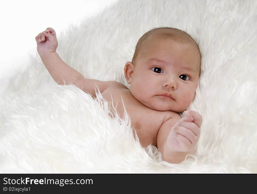 Cute baby with nice face on white blanket. Cute baby with nice face on white blanket