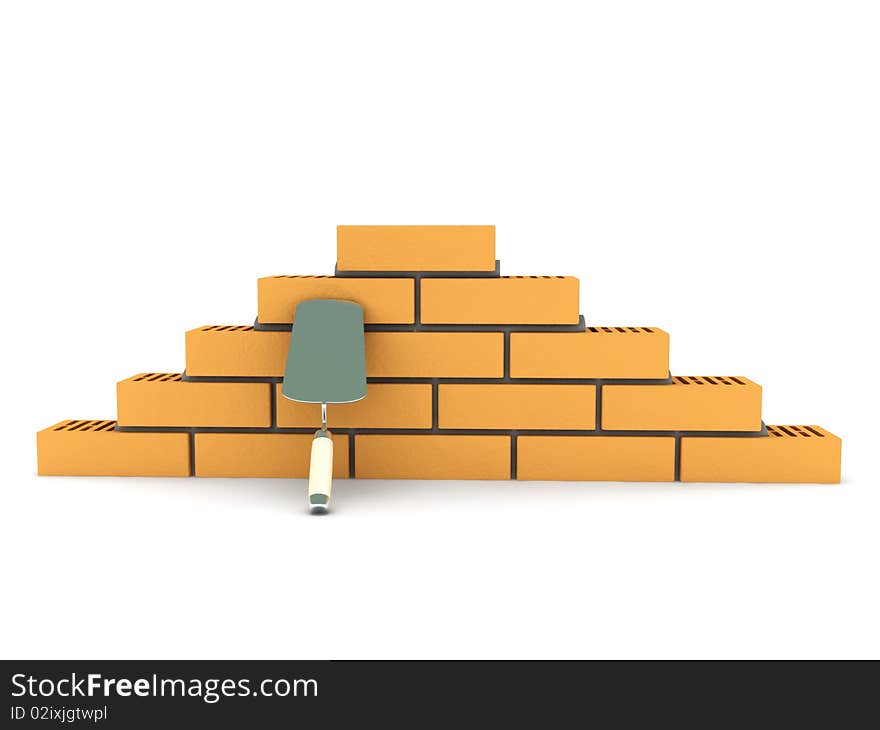 Construction. Pyramid of bricks with trowel isolated on white background. High quality 3d render.