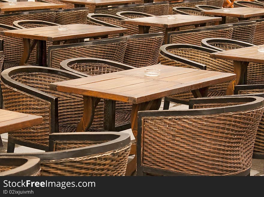 Empty terrace chairs ad table in Sibiu Transylvania Romania