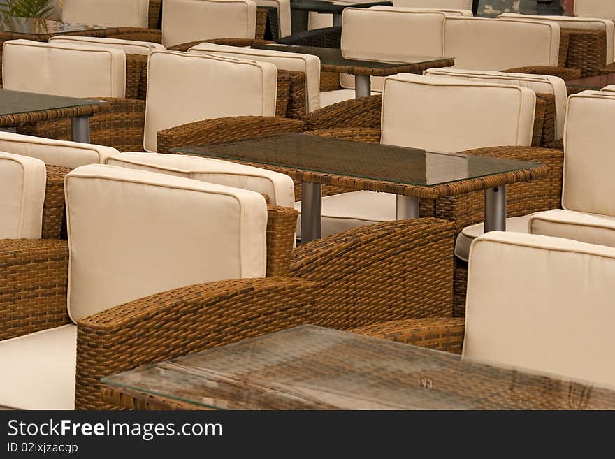 Empty terrace chairs and table in Sibiu Transylvania Romania