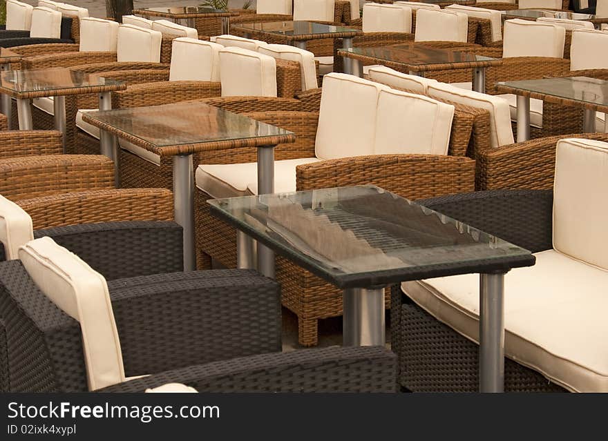 Empty terrace chairs and table in Sibiu Transylvania Romania