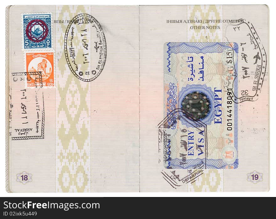 Belarusian passport with two types of Egyptian visas and stamps. Belarusian passport with two types of Egyptian visas and stamps