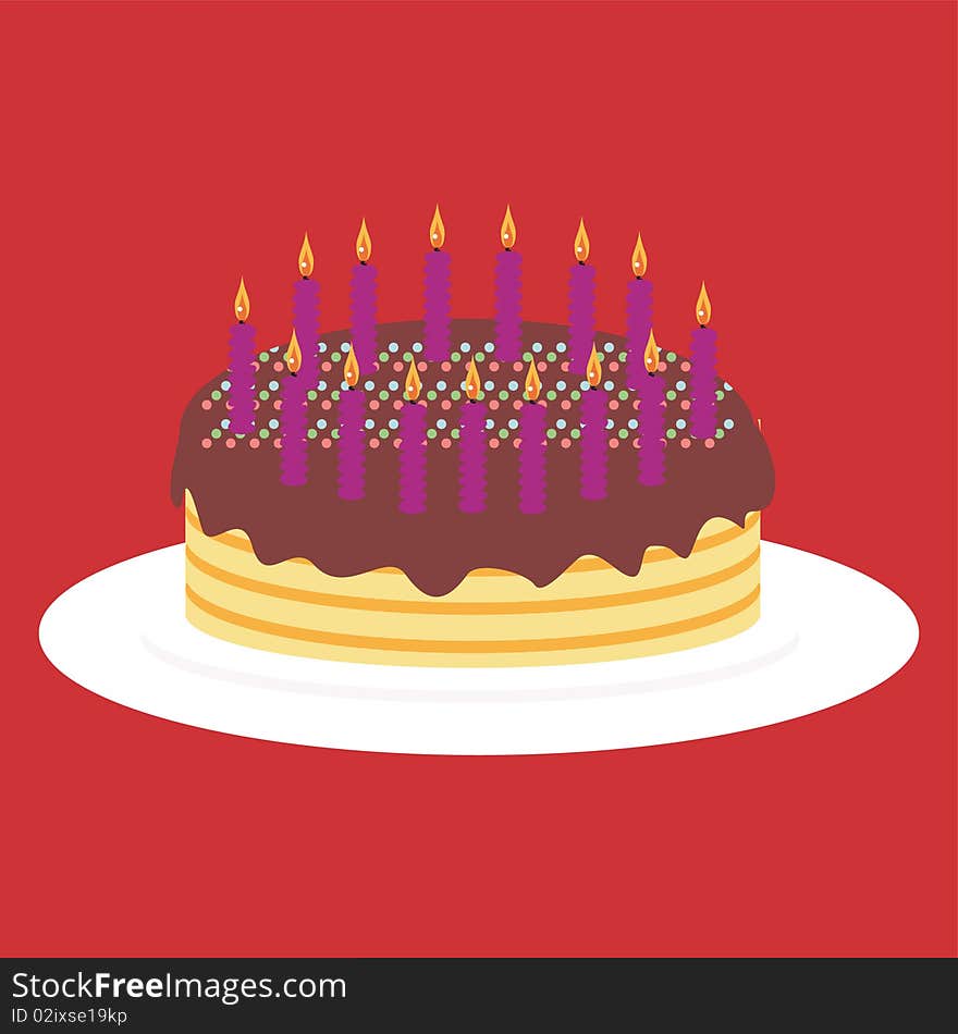 Cake with candles on red background