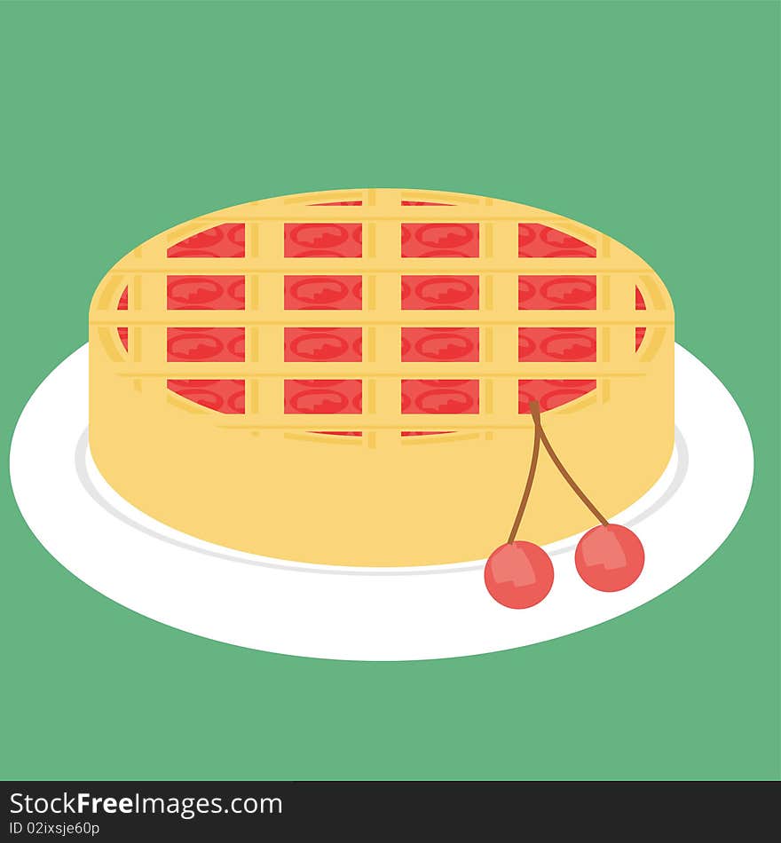 Cherry pie on green background