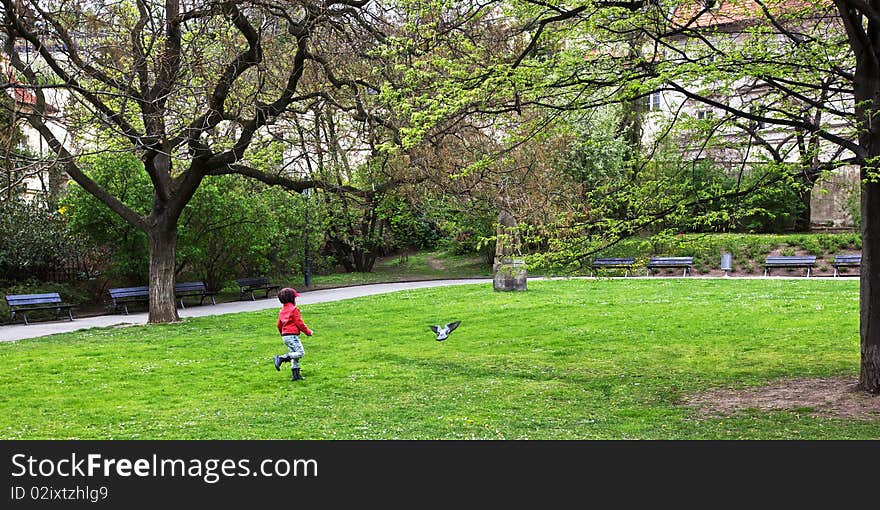 Girl running after the dove